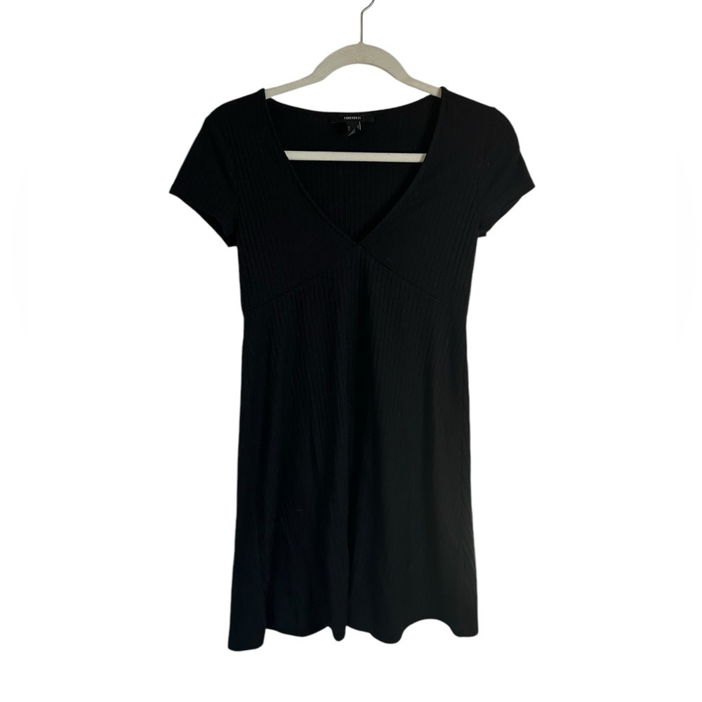 Forever 21 Ribbed Black V-neck Babydoll Mini A-Line Dress Women’s Size Small